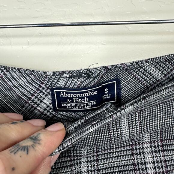 Abercrombie & Fitch Simone Gray Plaid Maroon High Rise Ankle Flare Trouser Pants - Picture 5 of 9